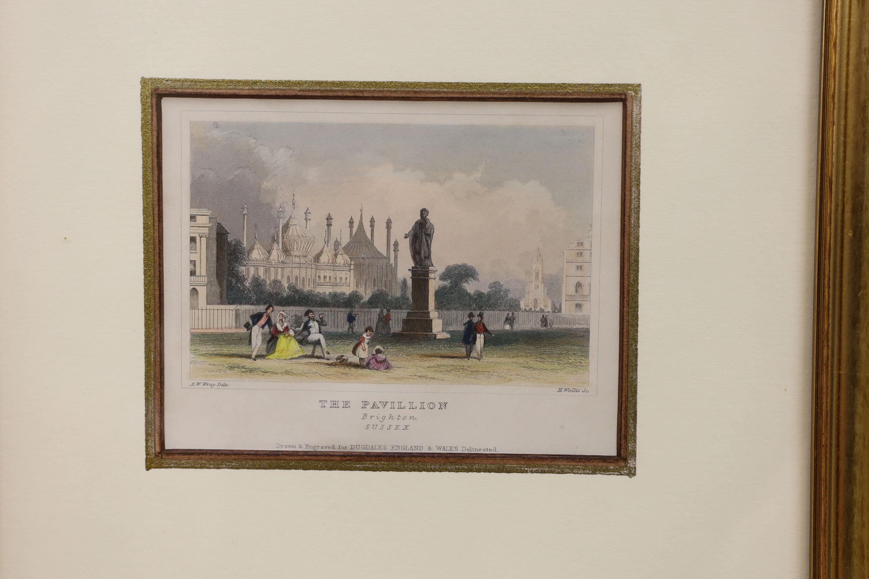 H.J. Gibbins (fl.1871-2), watercolour, 'Lewes', signed, 22 x 31cm, with two engravings of Lewes and a small print of The Pavilion at Brighton